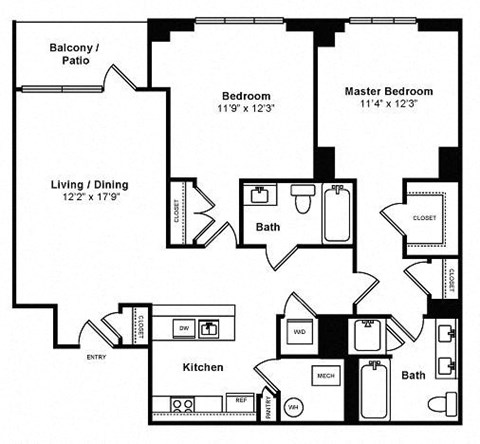 Floor plan for 2 beds, 2 baths, 1034 sqft